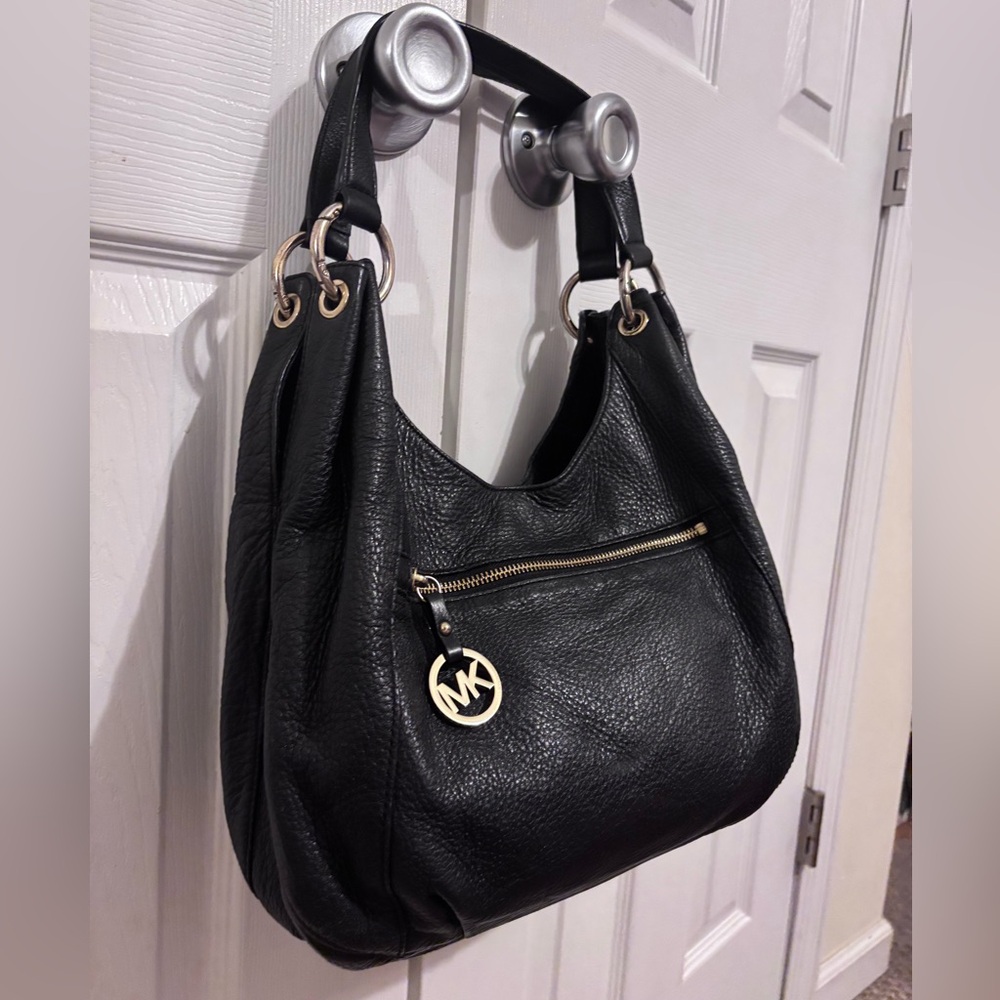 Michael Kors Black Pebbled Leather Hobo with Gold Hardware and MK Charm